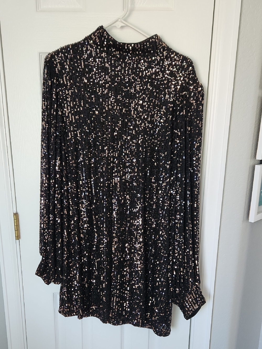 Black Sequin Long Sleeve Mini Dress with Rose Gold Accents